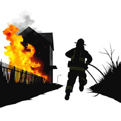 Naklejka premium Silhouette of a firefighter running towards a house engulfed in flames. Emergency, rescue, and bravery in the face of danger.