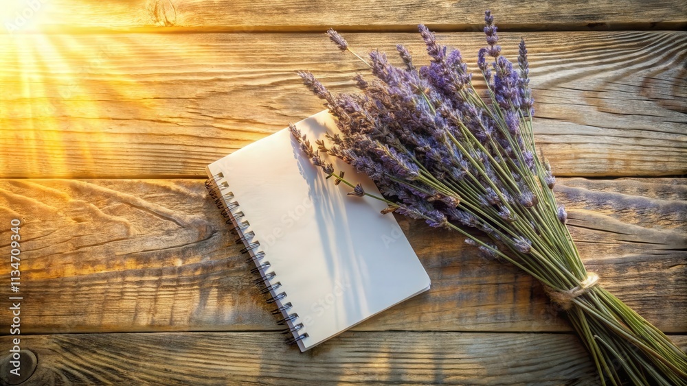 Poster a blank notebook and a bunch of lavender on a rustic wooden surface bathed in the warm glow of the s