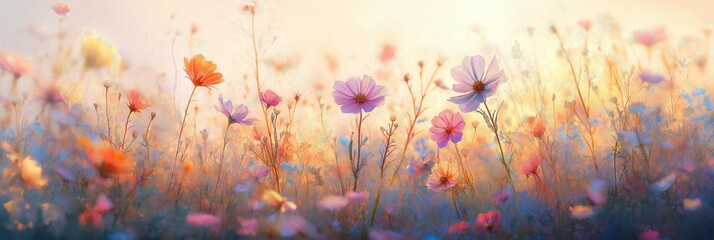 Colorful wildflowers blooming under a warm sunset sky