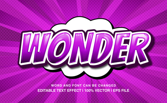 Wonder Comic Text Effect: A vibrant and playful "Wonder" text effect rendered in a bold comic book style, perfect for adding a touch of whimsy and superheroic flair to your designs.