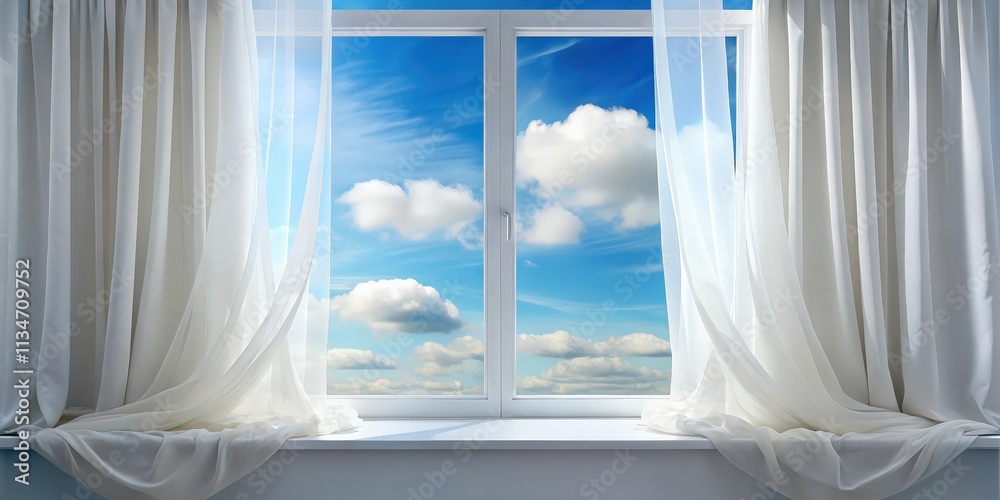 Poster white curtains billowing in the breeze, revealing a window view of a bright blue sky with fluffy clo