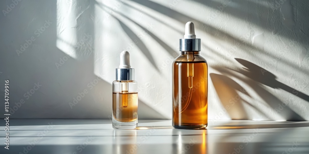 Poster two glass dropper bottles with a liquid inside, sitting on a white surface against a white wall with