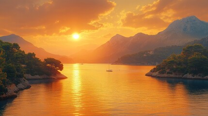 A serene sunset over mountains and a calm bay, highlighting nature's beauty.