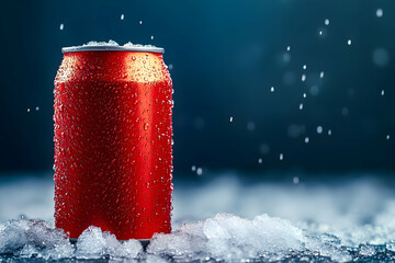 Cold red soda can on ice.