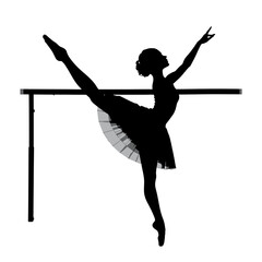 Silhouette of a ballerina performing a graceful pose at the barre.