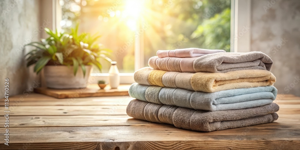 Poster a stack of freshly laundered towels rests upon a rustic wooden surface, bathed in the warm glow of s
