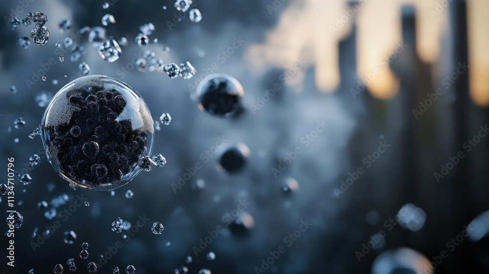 Aufkleber Close-Up View of Bubbles with Black Particles Inside, Creating a Unique Aesthetic with Soft Focus and Background Bokeh in an Outdoor Setting During Golden Hour