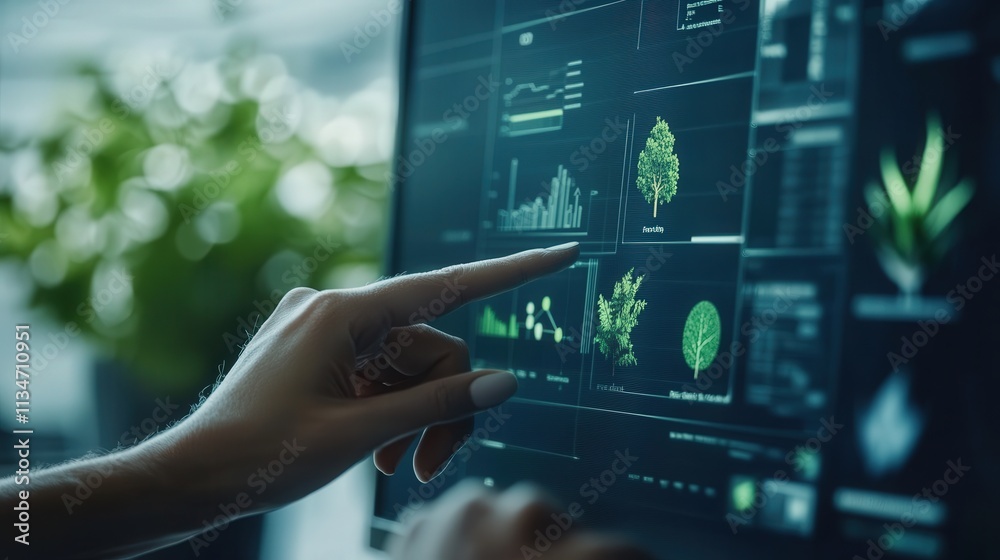 Aufkleber Hand Interacting with Technology Display Showing Data and Images of Trees and Plants in a Modern Office Environment Focused on Sustainability and Environmental Monitoring