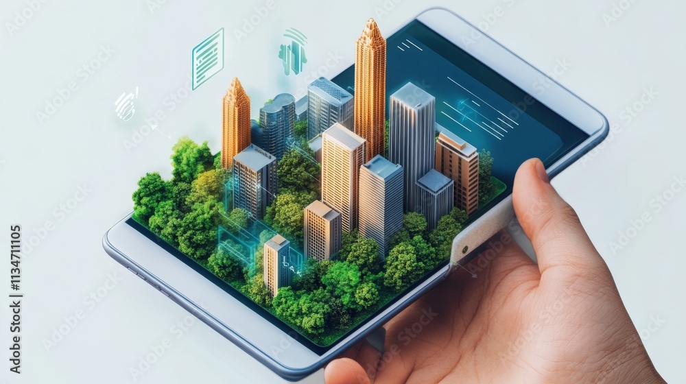 Poster virtual cityscape: hand holding digital tablet with 3d models of tall buildings and greenery represe