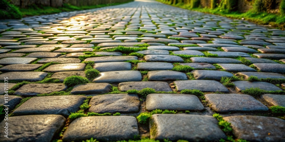 Poster a close-up perspective of a cobblestone pathway adorned with greenery, capturing the essence of rust