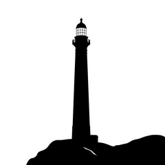 Silhouette of a lighthouse standing tall on a rocky cliff.
