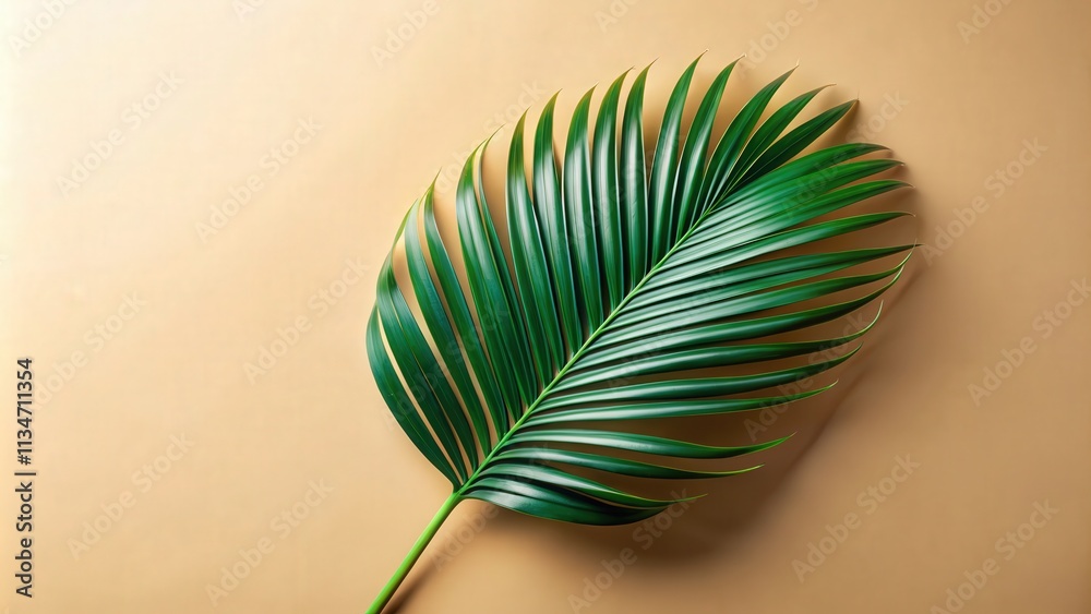 Poster a single green palm leaf against a soft beige background, showcasing the intricate pattern of veins 