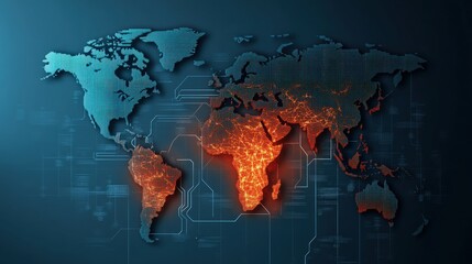 Obraz premium Artistic Representation of a World Map with Abstract Digital Elements Highlighting Connectivity and Geography in a Futuristic Style