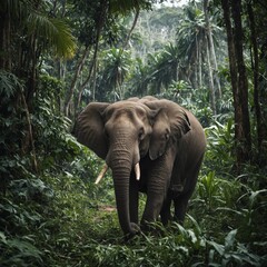 Fototapeta premium An elephant strolling through a dense jungle.