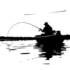 Silhouette of a fisherman in a boat casting a line.