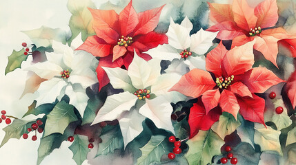 Vibrant Christmas Watercolor Featuring Poinsettias and Holly Leaves, Perfect for Holiday Celebrations