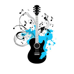 Silhouette of a guitar with musical notes and blue paint splatters