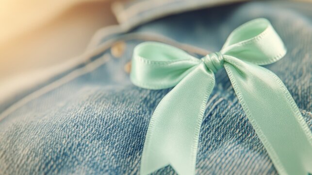 Vibrant Green Ribbon Signifies Brain Injury Awareness on Denim Jacket in Natural Light