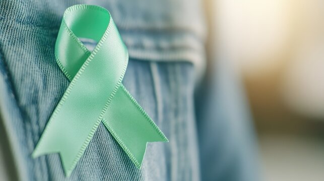 Green Ribbon for Brain Injury Awareness Showcased on Denim Jacket in Sunlight