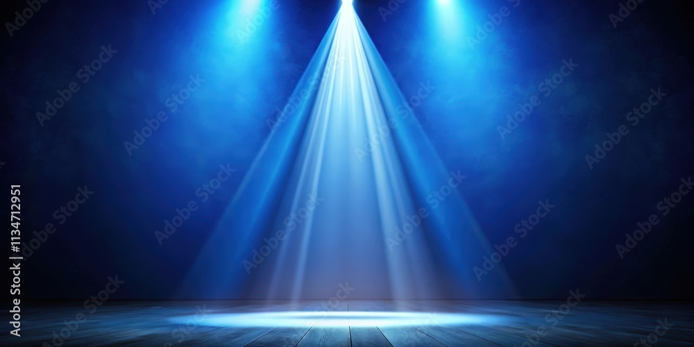 Poster a single beam of light shines brightly on a wooden floor in front of a dark blue textured wall.
