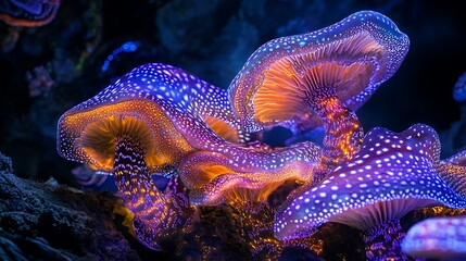 Obraz premium Luminous Mushrooms Glowing In Dark Forest