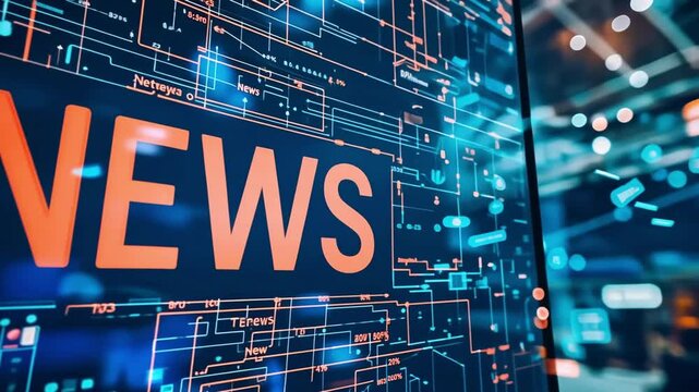 Futuristic news screen display. Orange "NEWS" headline against a blue digital background with circuit-like patterns.
