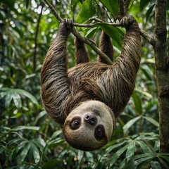 Fototapeta premium A sloth hanging upside down from a tree in a lush jungle.
