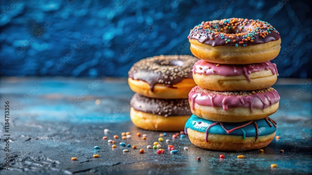 Poster A colorful stack of glazed donuts, each with unique toppings, resting on a dark blue surface with scattered sprinkles.