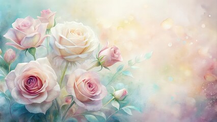 Fototapeta premium A Delicate Watercolor Painting of Pastel Roses with a Soft Blurred Background