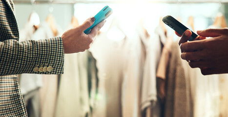 Shopping, card machine and customer with phone in store for payment for bargain, sale and purchase....