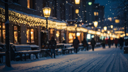 Fototapeta premium winter cityscape at night with glowing street lamps lighting the snow covered streets Winter Photo