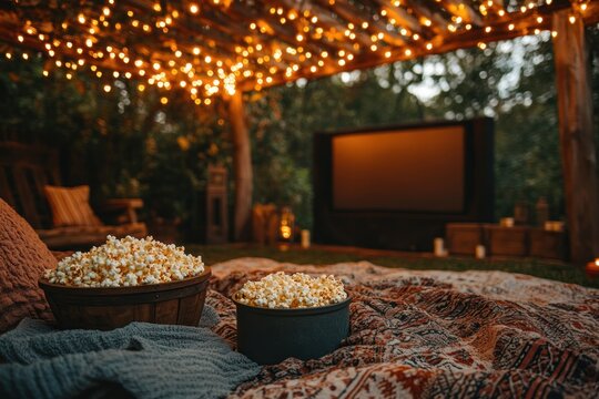 Couple sharing popcorn under fairy lights watching movie in backyard at night during spring
