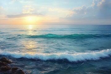 Obraz premium Tranquil Ocean View with Calm Turquoise Waters and Rocky Shoreline under a Light Blue Sky