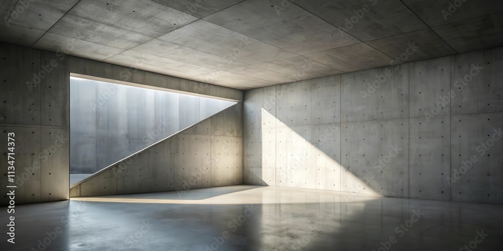 Poster a minimalist concrete interior with a geometric window casting a diagonal shadow on the floor
