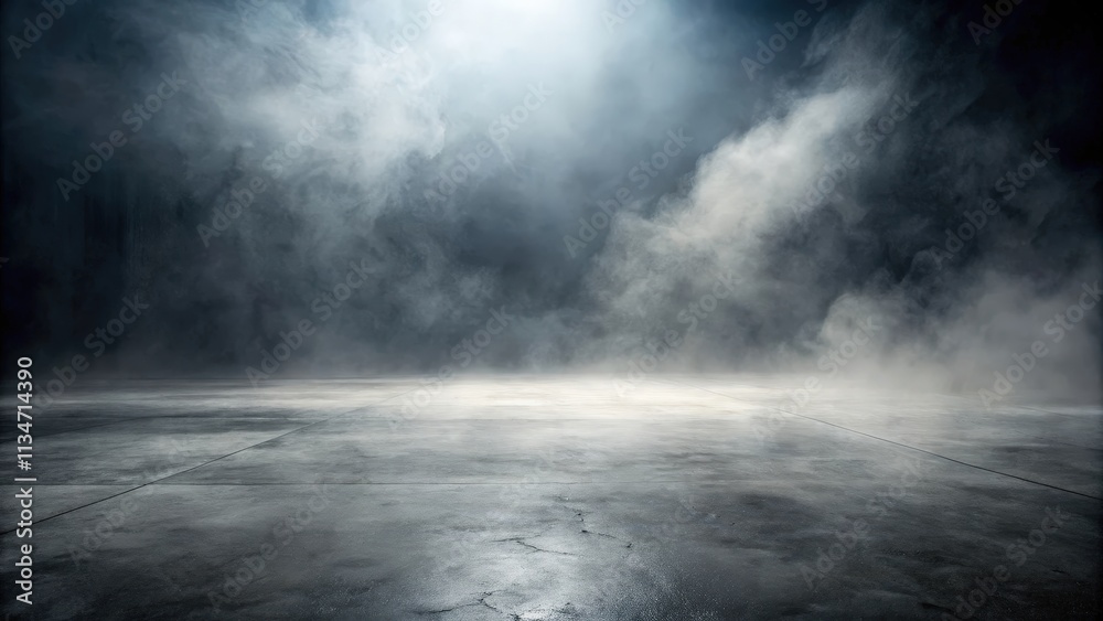Poster ethereal fog envelops a serene concrete surface with a single beam of light piercing through the vei