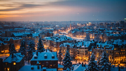 Obraz premium winter night in an icy city with snow covered streets lit by warm glowing lamps Winter Photo