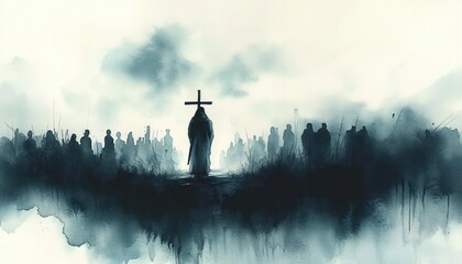 Fototapeta premium Solitary Figure Carrying Cross in Remembrance of Jesus Christ's Sacrifice
