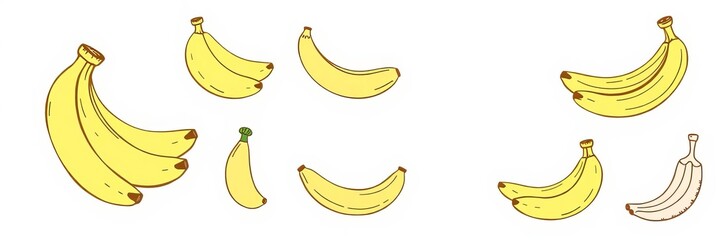 Collection of hand-drawn, colorful banana icons in vector format, icon, collection