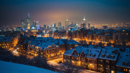 Obraz premium winter night in the city with glowing lamps and icy streets covered in soft white snow Winter Photo