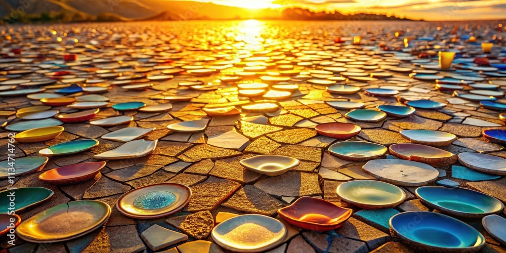 Poster a mosaic of colorful ceramic saucers creates a path toward the setting sun, illuminating the horizon