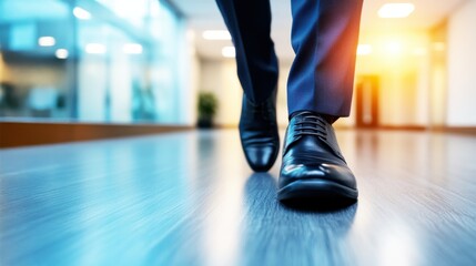 Obraz premium A professional man walks confidently in a modern office, dressed in a suit and polished shoes, reflecting determination and purpose.