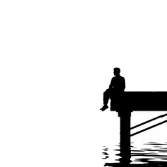 Silhouette of a man sitting on a dock, looking out at the water.