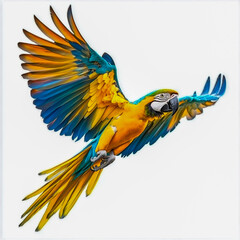 Fototapeta premium Colorful flying Blue and Gold Macaw parrot isolated on white background.