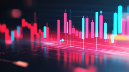 A vibrant digital representation of stock market data with colorful candlestick charts indicating price movements and trends.