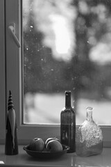 
festive winter still life with bottles and apples