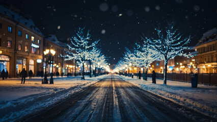 dark winter night in a snowy city with street lamps illuminating the frozen roads Winter Photo
