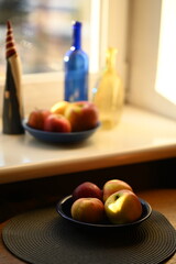 
festive winter still life with bottles and apples