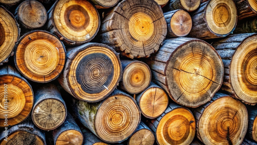 Poster A close-up of a stack of logs, showcasing the intricate patterns of their growth rings, revealing the age and history of the trees