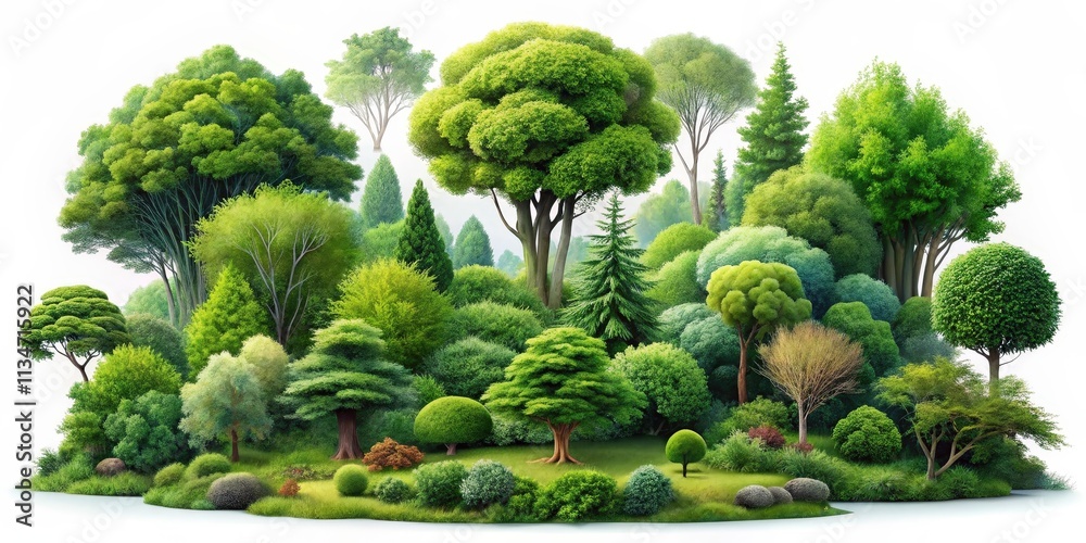 Poster a verdant tapestry of trees and shrubs, each one a unique expression of nature's artistry