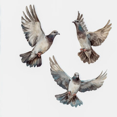 Doves fly animal pigeon bird on white background.